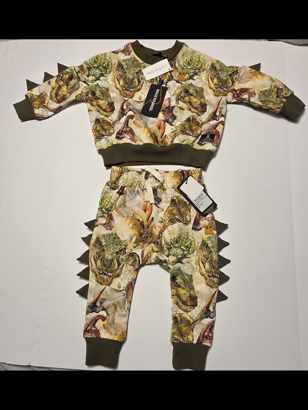 Rock Your Baby Dino Pullover & Jogger Set - Olive, Yellow, Brown